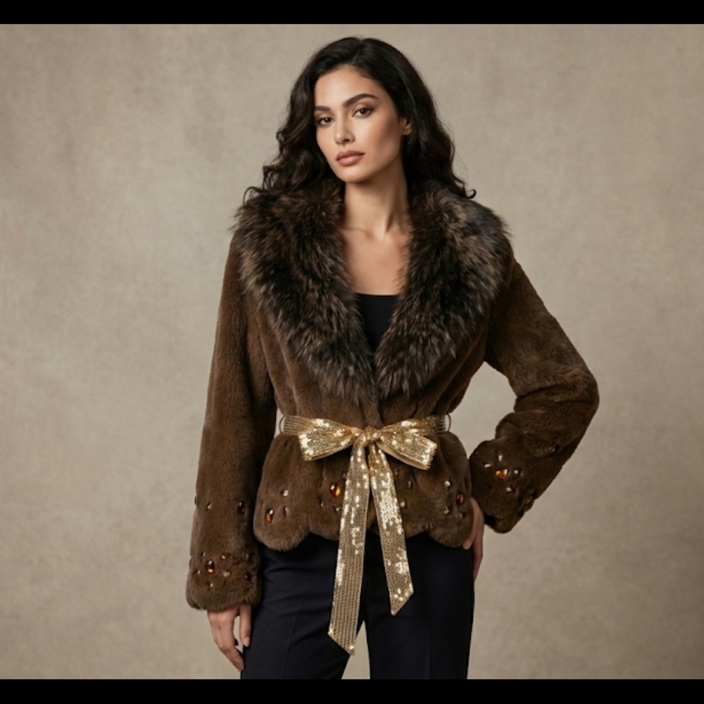 Mob Wife Aesthetic Brown Faux Fur Coat Sequin Bow Belted Jacket